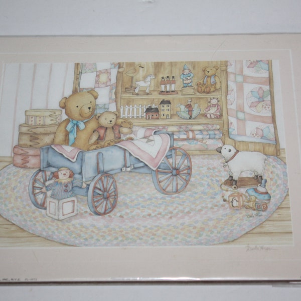Vintage Signed Debi Hron Watercolor Print "Teddies in the Wagon"/Children's Art Print/8" x 10"/Whimsical Watercolor Print/Vintage Toys Print