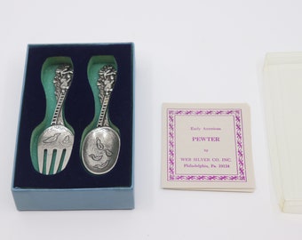 Vintage Pewter Child Fork Spoon Set in Box/New/Web Silver Co/Bear and Duck Motif