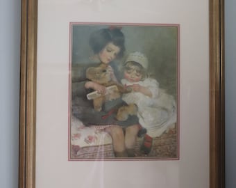 Vintage Framed Signed Watercolor Print/Two Girls Playing with a Teddy Bear/Art Print/Print 11" x 14"