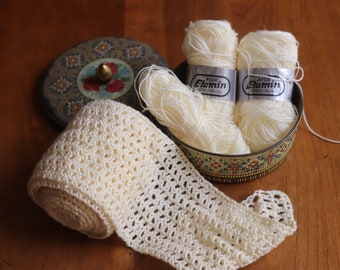 Vintage Ivory Cotton Hand Crocheted Edging, Border 3+ Yards/Yarn and Round Tin Box-Holland