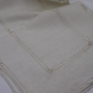 May include: A folded off-white textile featuring a rectangular border of intricate openwork lace detailing. The fabric has a smooth, plain weave center panel surrounded by decorative needlework edges with small, square corner motifs.