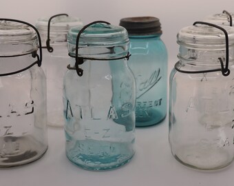 6 Vintage Old Jars/Atlas E-Z Seal & Ball Perfect Mason/Glass Jars Quart Clear and Blue/Apothecary Jars/Canning Jars/Wire Bail