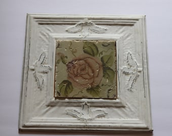 Vintage Cottage Tile on Metal Picture/Rose Wall Hanging/Shabby Art/Cottage Painting/Floral wall Art