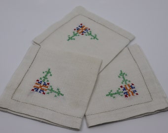 3 Vintage Linen Luncheon Napkins Embroidered/Hemstitching