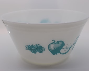 Vintage Federal Blue Fruit Fare Turquoise Milk Glass Mixing Bowl - 9"