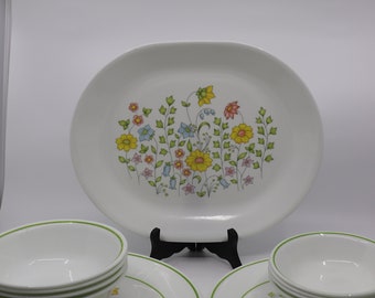 Vintage Corelle Spring Meadow Dish Set Service for 4/Corelle Spring Meadow Dinnerware/1970's Corelle Dinnerware/Serving Platter/Dessert Dish