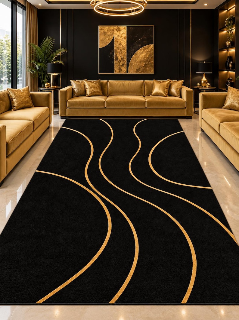 Modern Rug Solid Background Hand-tufted Wool Area Rug | Black Gold Abstract Wavy Lines | Modern Art ...