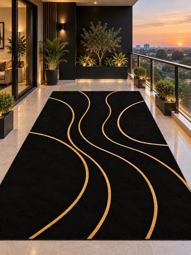 Modern Rug Solid Background Hand-tufted Wool Area Rug | Black Gold Abstract Wavy Lines | Modern Art ...
