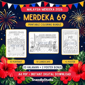 May include: A printable colouring bundle for Malaysia Merdeka 2026 featuring 20 pages and 2 posters. The design includes fireworks, hibiscus flowers, and illustrations of children with the Malaysian flag and text including Merdeka 69.