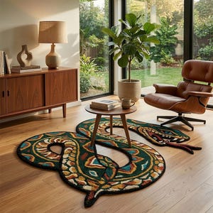 May include: A large, floor-based rug shaped like a coiled snake, featuring a dark green background with intricate, multi-coloured geometric patterns in shades of yellow, orange, and blue, with a visible snake head, open mouth, and forked tongue.
