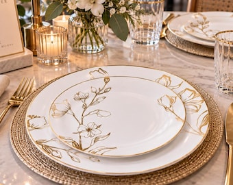 32 Piece PLASTIC Plates Set, 16 × 7 in & 16 × 10 in White Gold Rim Floral Plates, Disposable Wedding Party Dinnerware