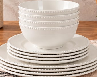 White Porcelain Dinnerware Set for 4, 12 Piece Beaded Dinner Plates, Dessert Plates & Cereal Bowls, Elegant Tableware Set