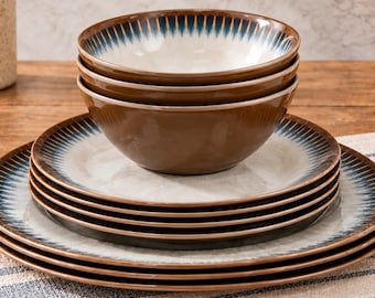 Melamine Dinnerware Set For 4, 12 Piece Rustic Brown Plates And Bowls, Shatterproof Camping Dishes, Outdoor Patio Dinnerware