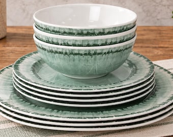 Sage Green Melamine Dinnerware Set For 4, 12 Piece Plates And Bowls Set, Cracked Ice Dinnerware, Camping RV Outdoor Dishes