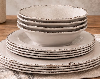 Melamine Dinnerware Set For 4, 12 Piece Cream Crackle Plates And Bowls, Break Resistant Dish Set, Indoor Outdoor Dinnerware