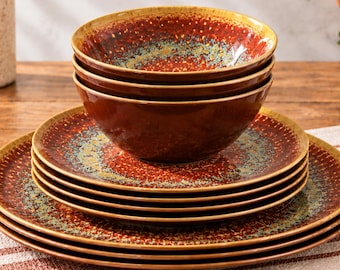 12 Piece Melamine Dinnerware Set For 4, Rust Red Farmhouse Plates And Bowls, Unbreakable Camping RV Outdoor Dishes