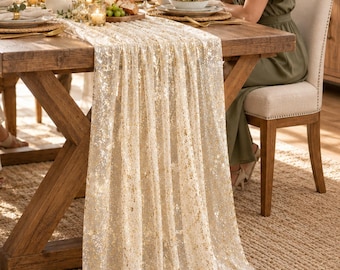 Beige Gold Table Runner 59 x 120 Inch, Rustic Long Table Runner, Washable Polyester Dining Table Decor, Kitchen Holiday Party Runner