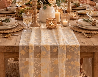 28 x 120 Beige Floral Table Runner, Boho Table Decor, Rustic Farmhouse Dining Runner, Vintage Floral Kitchen Table Decoration