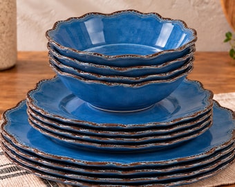 Blue Melamine Dinnerware Set for 4, 12 Piece Rustic Plates and Bowls, Unbreakable Outdoor Dinnerware, Camping RV Patio Dishes