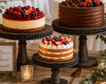 Wood Cake Stand Set of 3 (8, 10, 12 inch), Rustic Beaded Pedestal Riser, Wooden Cupcake Dessert Stand, Birthday Wedding Party Table Decor