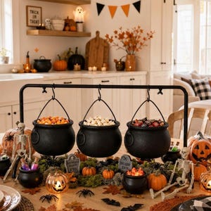 May include: A black metal stand holding three hanging black cauldrons filled with candy and popcorn, surrounded by miniature skeletons, pumpkins, faux autumn leaves, small tombstones, and black plastic spiders on a dining table.