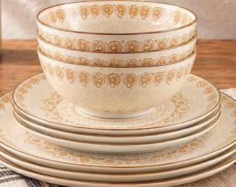 Bohemian Dinnerware Set For 4, 12 Piece Porcelain Plates And Bowls, Colorful Ceramic Dish Set, Boho Kitchen Tableware