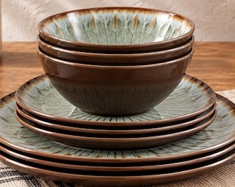 Green Melamine Dinnerware Set For 4, 12 Piece Plates And Bowls Set, Unbreakable Outdoor Dinnerware, Camping RV Dishes, Housewarming Gift