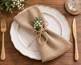 Nude Cloth Napkins Set of 6, Cotton Linen Dinner Napkins, 17x17 Fringed Napkins, Rustic Wedding Table Decor, Reusable Table Napkins
