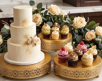 Gold Cake Stand Set of 3, Metal Dessert Display Stand, 8 10 12 Inch Round Cake Risers, Cupcake Pastry Stand for Wedding Birthday Party