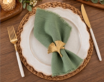 Sage Green Cloth Napkins Set of 6, 17x17 Cotton Linen Napkins, Rustic Fringed Dinner Napkins, Wedding Bridal Shower Housewarming Party