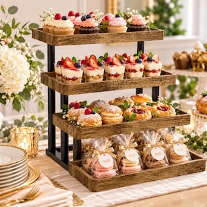 May include: A four-tiered rectangular dessert stand with a dark wood grain finish and black metal supports. The shelves are filled with cupcakes, fruit parfaits, pastries, and small bags of cookies tied with gold ribbons and circular white tags.