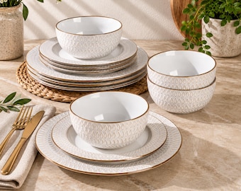 White Stoneware Dinnerware Set for 6, 18 Piece Embossed Ceramic Plates and Bowls, Modern Pearl White Dish Set, Housewarming Gift