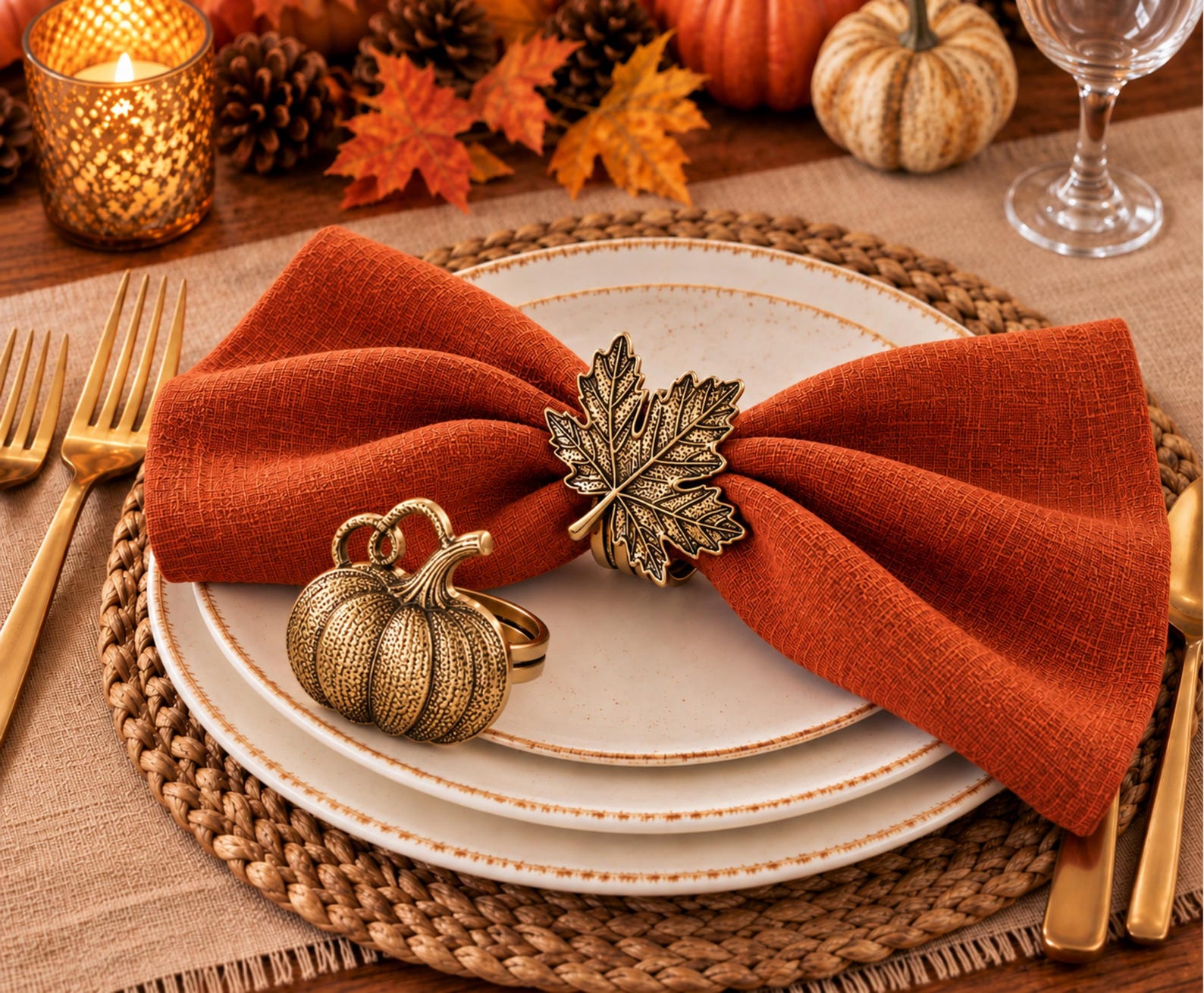 A Warm Leaf Accent on a Loose Roll Rust-colored cloth napkin held by a gold-toned maple-leaf and pumpkin ring.