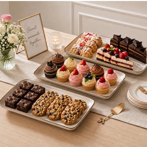 May include: Three rectangular ceramic serving platters holding assorted desserts including chocolate brownies, chocolate chip cookies, cupcakes with fruit toppings, layered chocolate cake, and berry cheesecake slices, accompanied by a gold cake server.
