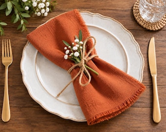 Terracotta Cloth Napkins Set of 6, 17in x 17 in, Rustic Fringed Dinner Napkins, Cotton Linen Table, Wedding Party Farmhouse Table Decor