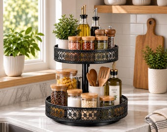 2 Tier Lazy Susan Organizer, 12 Inch Rotating Spice Rack, Adjustable Metal Turntable, Pantry Cabinet Kitchen Counter Organizer