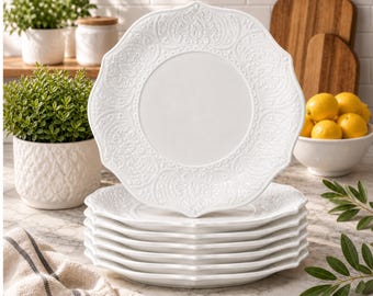 White Porcelain Dinner Plates Set of 6, 10.5 Inch Floral Petal Plates, Embossed Dinnerware Set, Wedding Housewarming Gift