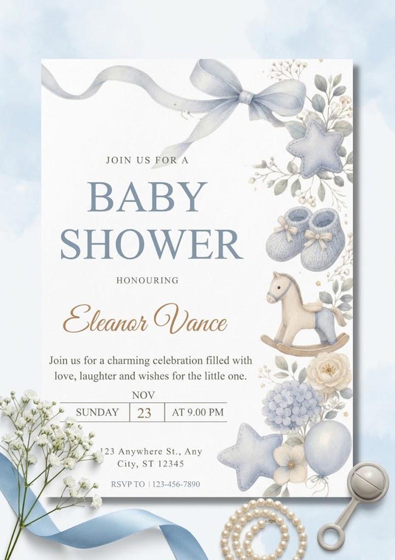 Baby Shower Invitation, Editable Canva Baby Shower Invite, Baby Boy or ...