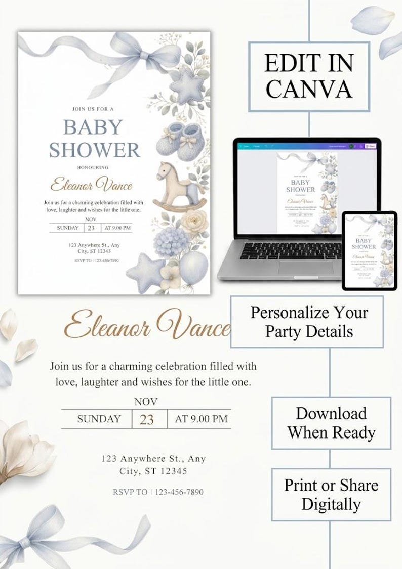 Baby Shower Invitation, Editable Canva Baby Shower Invite, Baby Boy or ...