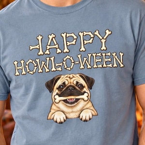 Halloween-T-Shirt mit Mops-Mopsmotiv | Lustiges Unisex-Hunde-Shirt | Geschenkidee für Halloween-Fans | Geschenk für Hundeliebhaber | Shirt und Sweatshirt für Erwachsene und Kinder