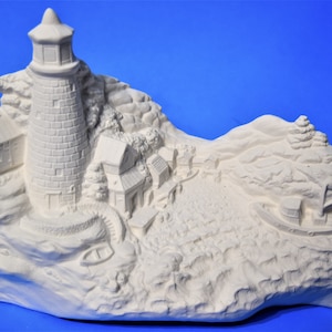 Lighthouse Scene Ready to Paint.U-paint Ceramic Bisque Lighthouse.Lighthouse on a Rock.Olga's Treasures Shop