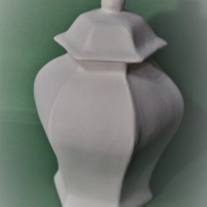 Peut inclure: Un pot &agrave; gingembre en c&eacute;ramique blanche non peinte avec un couvercle. Le pot a un corps arrondi et une base g&eacute;om&eacute;trique &agrave; facettes. Le couvercle est octogonal avec un petit bouton sur le dessus. Le fond est vert uni et sourd.