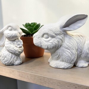 May include: Two white ceramic bunny figurines, one holding a flower, sit on a wooden shelf. A small potted succulent plant is between the bunnies. The bunnies have detailed fur textures and are in a neutral color.