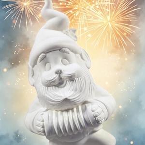 May include: A white ceramic garden gnome playing an accordion, set against a backdrop of fireworks. The gnome has a long white beard, a pointed hat, and is in a playful pose. The background features bursts of yellow and orange fireworks.