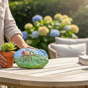 Ready to Paint Bisque Ceramic Welcome Steppingstone. Welcome Garden Plaque Decor (10" L x 6" W)
