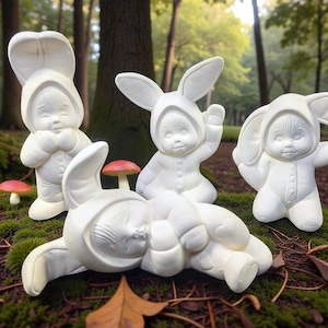 May include: Four white ceramic figurines of children in bunny suits are arranged on a mossy surface. The figures are in various poses, with one lying down. Red and white mushrooms dot the background, creating a whimsical forest scene.