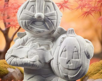 Mummy on Tombstone with a Pumpkin Head-Bat. Ready to Paint Halloween Figurine. Large Mummy Bisque. Ceramic Bisque. Olga's Treasures Shop
