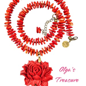 A vibrant red Necklace Set and a stunning Rose Pendant. Red Coral Chips Necklace Set. Boho Necklace Set. Olgas Treasures Shop