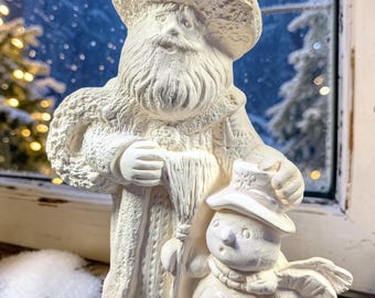 Père Noël vintage prêt à peindre avec un bonhomme de neige. Boutique Olgas Treasures