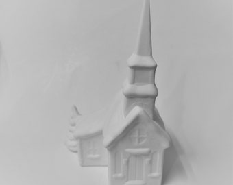 May include: White ceramic church building with a steeple and a cross on the front. The church is part of a miniature village set.